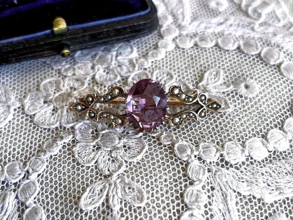 Victorian 9k Gold Amethyst Brooch: Seed Pearl Accented Lapel Pin