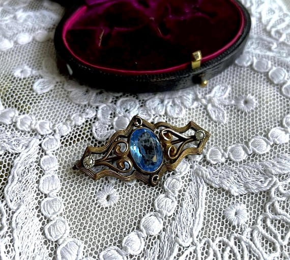 E.I. Franklin & Co. Antique Edwardian Gold Filled faceted Blue Paste Stone genuine Seed Pearl accented lovely hallmarked Lapel Brooch
