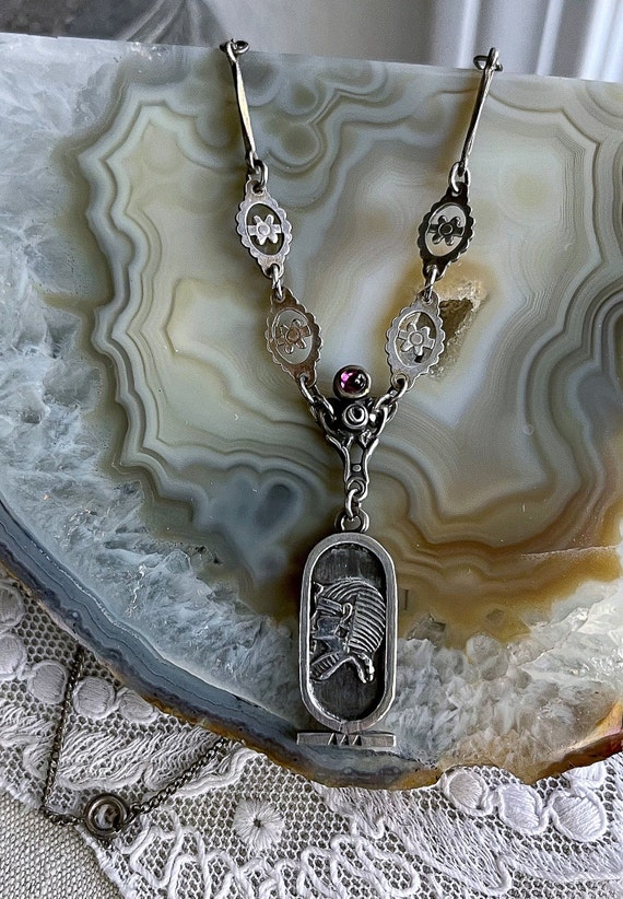 Unique vintage Egyptian Revival hallmarked Sterling Silver genuine Garnet Cabochon accented beautiful Lavaliere Necklace