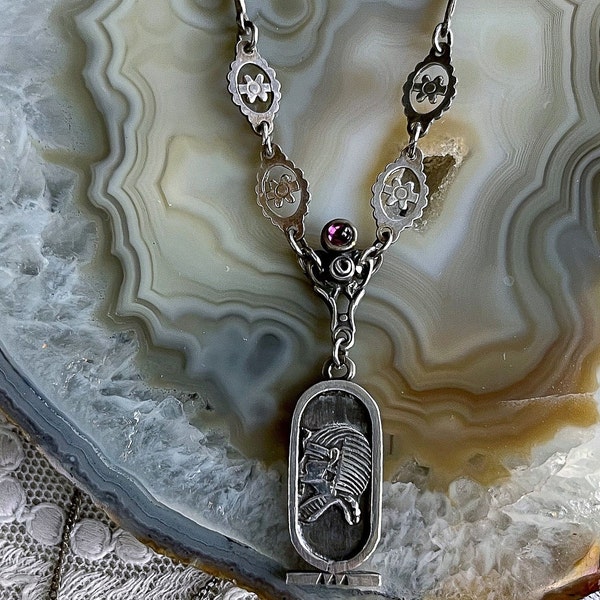 Unique vintage Egyptian Revival hallmarked Sterling Silver genuine Garnet Cabochon accented beautiful Lavaliere Necklace