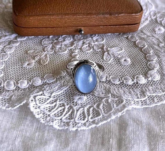 Art Deco Sterling Silver Baby Blue Cats Eye Glass 1930s size 7 Cocktail Ring