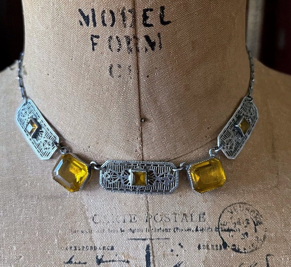 Antique Art Deco Era Rhodium Plated filigree brilliant faceted Citrine Paste Stone accented gorgeous Choker Necklace