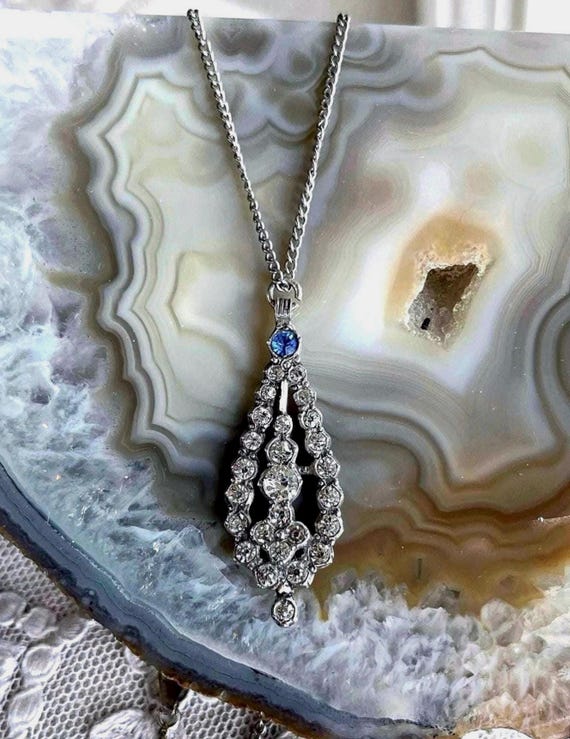 Brilliant antique Edwardian Sterling Silver dazzling faceted closed back Paste Stone accented exquisite stamped Pendant Necklace
