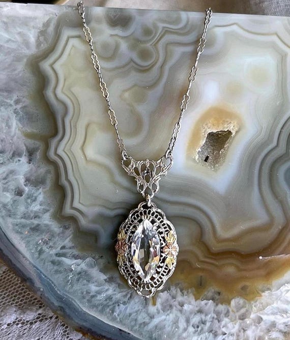 Antique Belle Époque Edwardian Sterling Silver Gold Rolled Filigree brilliant faceted Paste Stone accented stamped Lavaliere Necklace