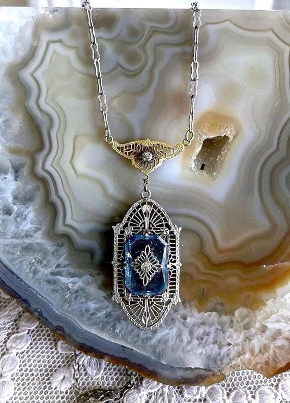 Delicate antique Edwardian Sterling Silver Gold Rolled filigree brilliant faceted Blue Paste Stone accented exquisite Lavaliere Necklace