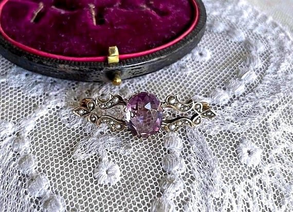 Victorian 9k Gold Amethyst Brooch: Seed Pearl Accented Lapel Pin