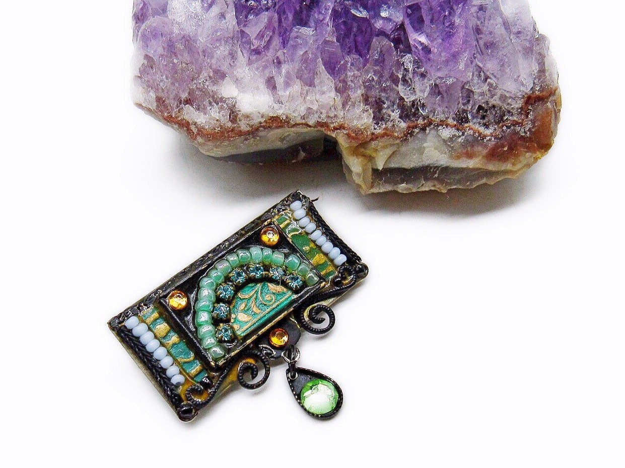 Amazing Adaya vintage Austrian Crystal Czech Glass Enamel handcrafted in Israel signed Artisan Brooch
