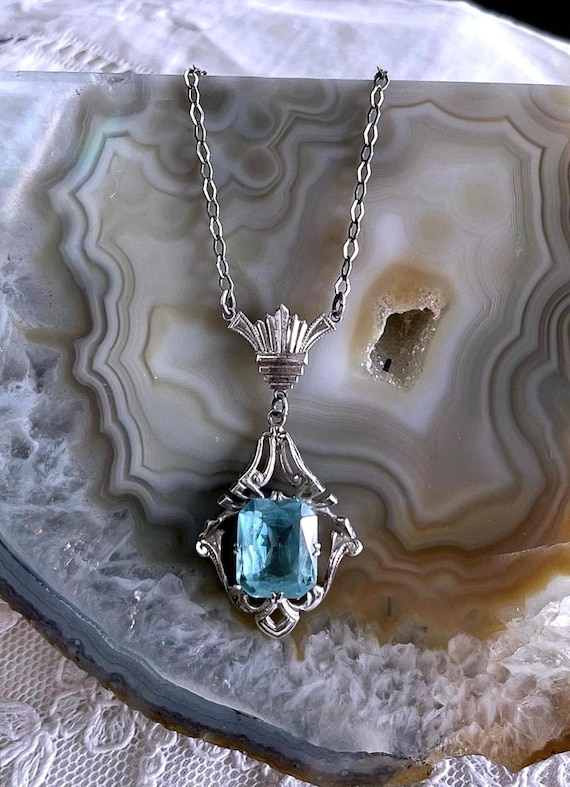 Art Deco Sterling Silver Topaz Paste Lavaliere Necklace: Geometric 1930s Pendant