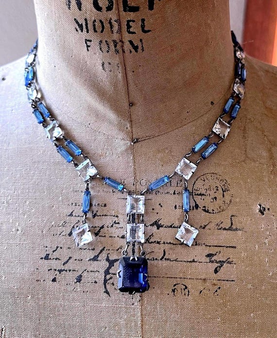 Mid Century 1950s Crown Trifari Rodium Plated baguette Rhinestone accented Swag Necklace