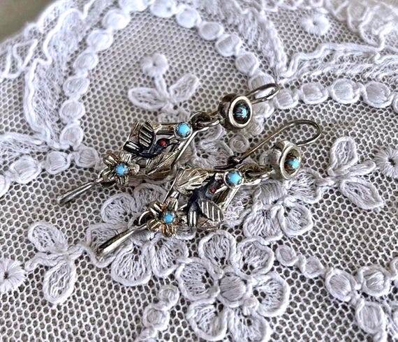 Vintage Victorian Revival Sterling Silver Turquoise Coral Seed Bead Bird Motif Drop Earrings