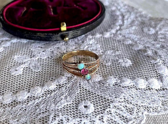 Victorian 10K Rose Gold Ring: Ruby, Opal & Seed Bead Heirloom