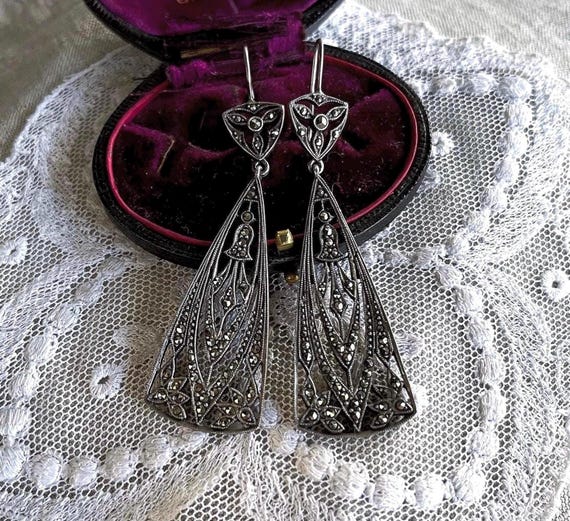 Antique Edwardian Sterling Silver faceted Marcasite Crystal accented exquisite stamped French Hook Drop Earrings