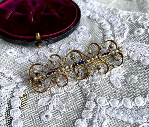 Fine antique Late Victorian Era Gold filled Pinchbeck genuine Seed Pearl faceted Sapphire Blue Paste Stone accented statement Brooch