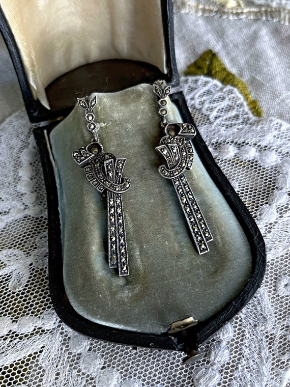 Elegant antique Edwardian Sterling Silver brilliant faceted Marcasite Crystal accented exquisite stamped French Hook Drop Earrings