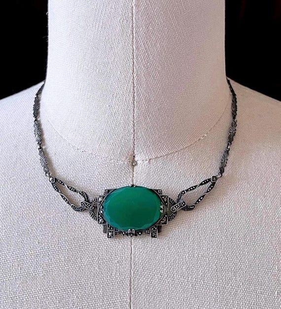 1930s Germany Art Deco Sterling Silver Chrysoprase Chalcedony Marcasite accented hallmarked Choker Necklace