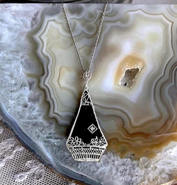 Antique Edwardian Sterling Silver filigree Jet Black Glass Brilliant faceted Paste Stone accented stamped Matinee Length Pendant Necklace