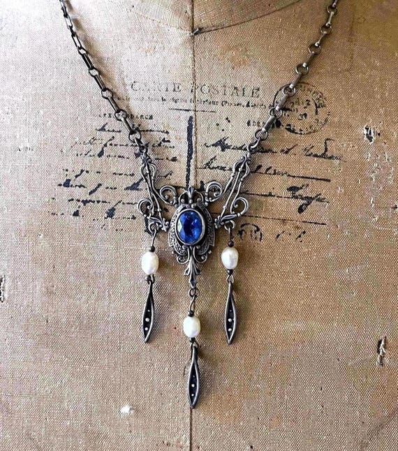 Bohemian Art Nouveau Sterling Silver Lavaliere Necklace: Sapphire Blue Paste & Pearl
