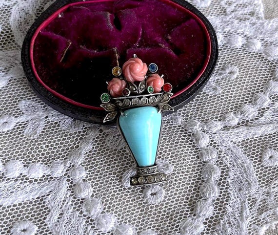 Rare 1930s Sterling Silver Robins Egg Bue and Coral Flower pot Dress Clip