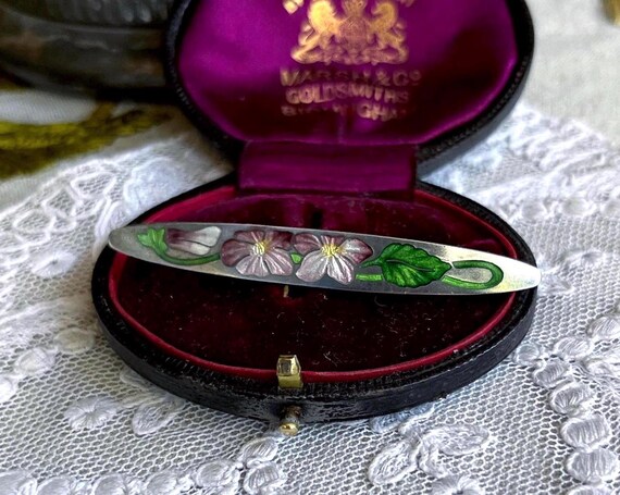 Fine antique 1900s Art Nouveau Sterling luminous Guilloche Enamel Floral Motif lovely hallmarked Statement Bar brooch