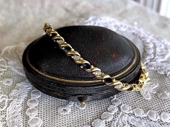 Vintage 14k Yellow Gold genuine Sapphire and Diamond hallmarked fancy link Tennis Bracelet