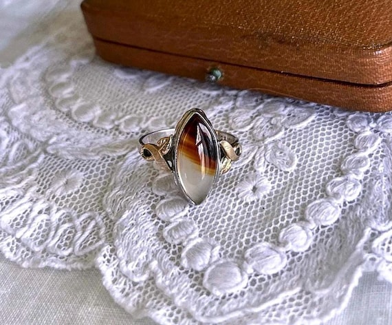 1930s Art Deco Clark and Coombs Sterling Silver Agate Cabochon Gold filled Cocktail Ring