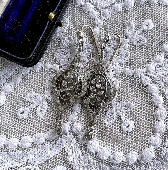 Elegant vintage Victorian Revival reproduction Sterling Silver brilliant cascading faceted Paste Stone hallmarked Fish hook Drop Earrings