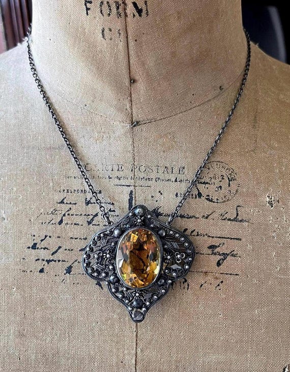 Divine antique Bohemian Revival Sterling Silver Cannetille genuine faceted Citrine Quartz Crystal accented Bewitching Heirloom Necklace
