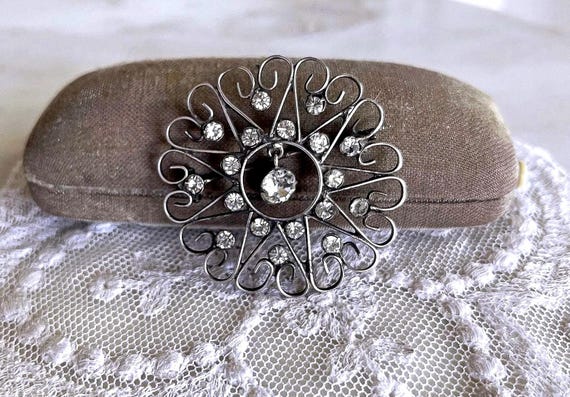 Antique 875 Silver Filigree Brooch, Kharkiv Paste Stone Floral Pin