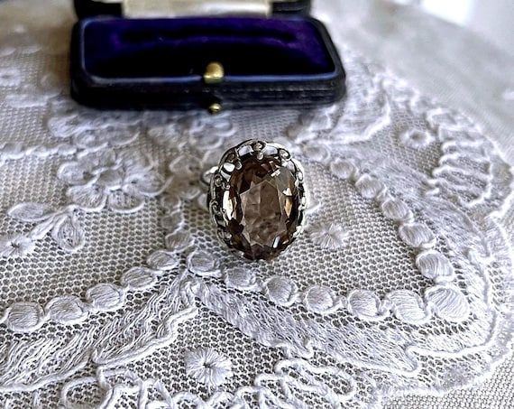Vintage Norwegian Mid Century 835 Silver brilliant genuine faceted Smoky Topaz gemstone gorgeous hallmarked size 6 Cocktail Ring