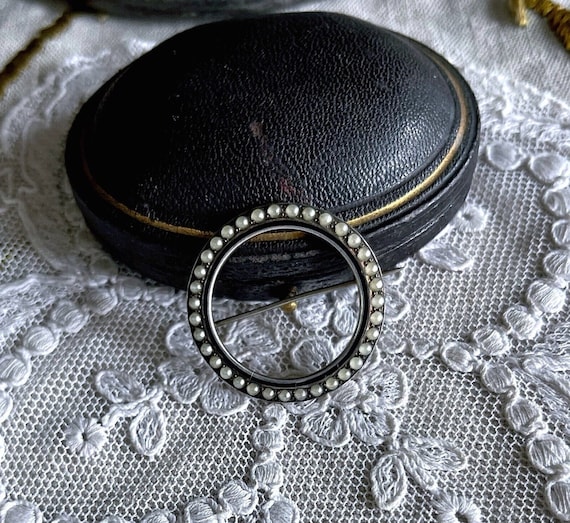 Antique Late Victorian luminous genuine Seed Pearl Sterling Silver stamped Decorative Brooch