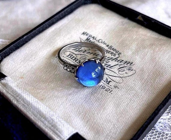 Art Deco Sterling Silver Sapphire Blue Glass Ring: 1930s Cocktail Ring