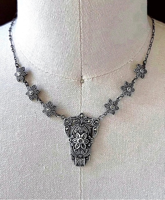 Stunning antique Edwardian 1910s Sterling Silver brilliant faceted Marcasite accented exquisite signed Bib Necklace
