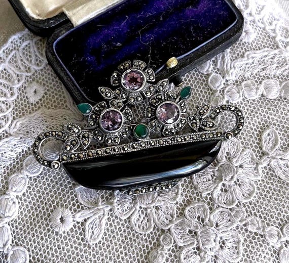 Vintage Edwardian Revival Sterling Silver genuine Onyx Amethyst and Chrysoprase brilliant faceted Marcasite accented Floral Bouquet Brooch