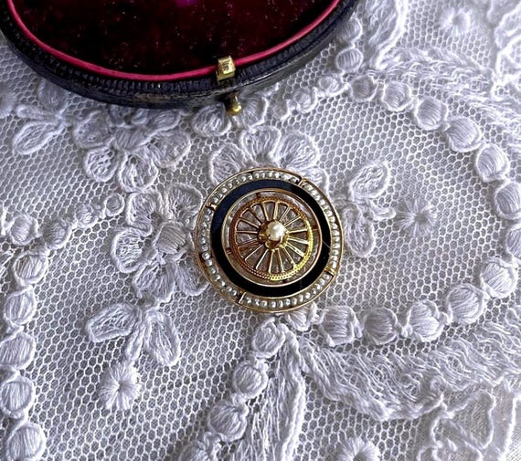 Victorian Revival 10K Gold Seed Pearl Brooch: Enamel Lapel Pin