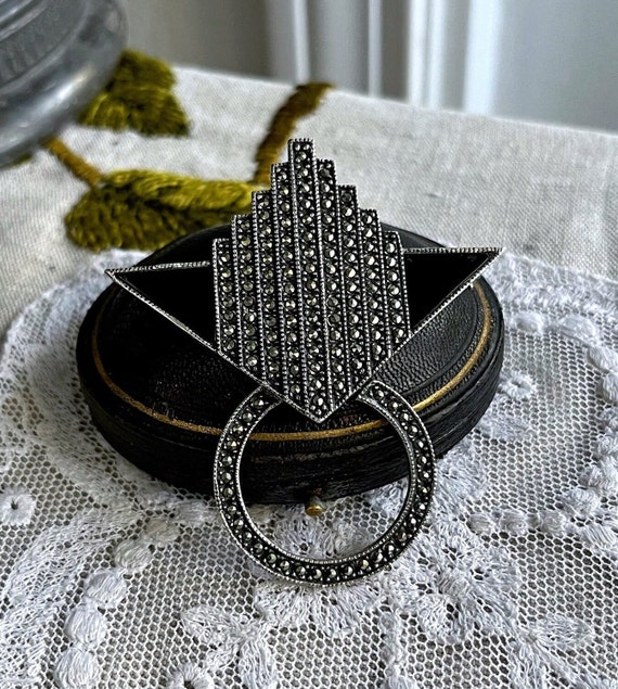 Vintage Judith Jack Art Deco Revival Sterling Silver 925 faceted Marcasite Crystal Black Enamel accented stamped geometric Statement Brooch