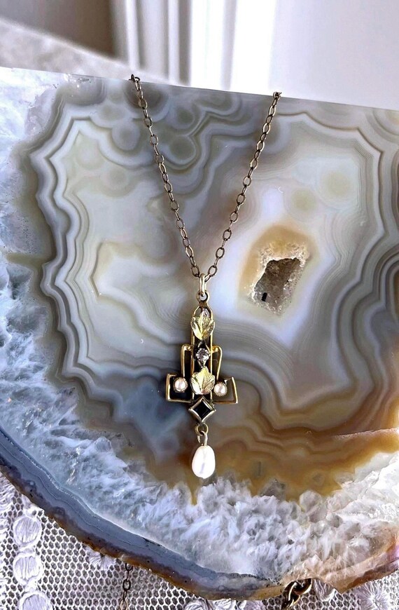 Antique Edwardian Pinchbeck Pendant Necklace: Diamond, Sapphire & Seed Pearl