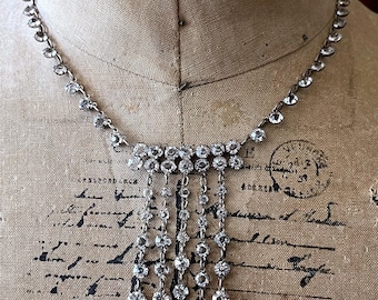Classic antique 1920s Art Deco Sterling Silver cascading faceted open back Paste Rivière stamped Swag Necklace
