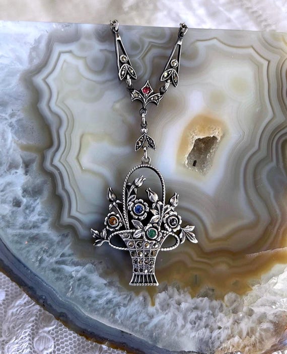 Antique Edwardian Sterling Silver Giardinetti Lavaliere Necklace with Paste Stones