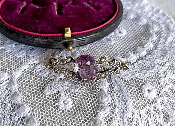 Victorian 9k Gold Amethyst Brooch: Seed Pearl Accented Lapel Pin