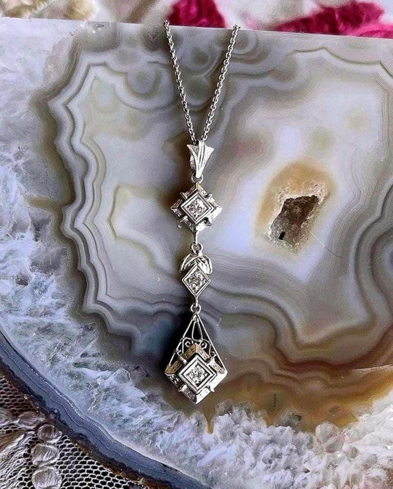 Vintage Edwardian Revival 18K White Gold genuine faceted Diamond accented fine hallmarked Pendant Necklace