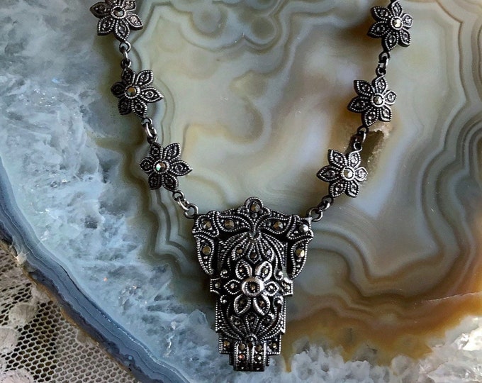 Stunning antique Edwardian 1910s Sterling Silver brilliant faceted Marcasite accented exquisite signed Bib Necklace