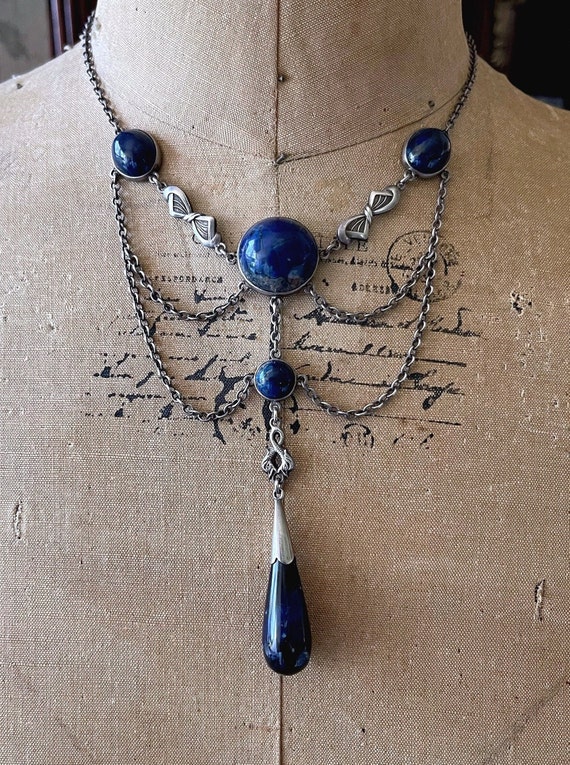 Magnificent antique Art Nouveau Arts & Crafts Jugendstil Lapis Lazuli Sterling Silver superb hallmarked  Festoon Swag Necklace