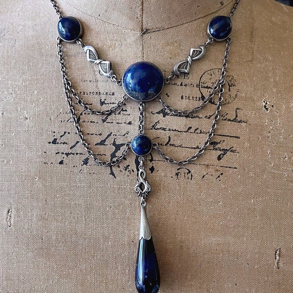 Magnificent antique Art Nouveau Arts & Crafts Jugendstil Lapis Lazuli Sterling Silver superb hallmarked  Festoon Swag Necklace