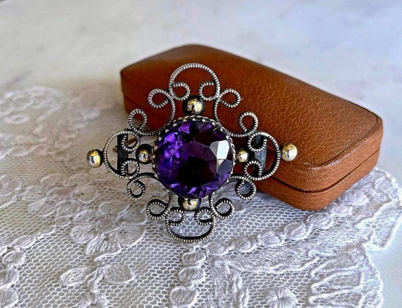 Antique Art Nouveau Amethyst Paste Brooch: 835 Silver & Gold