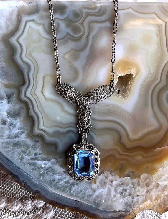 Delicate antique Edwardian Sterling Silver filigree brilliant faceted Topaz Blue Paste Stone accented hallmarked Lavaliere Necklace