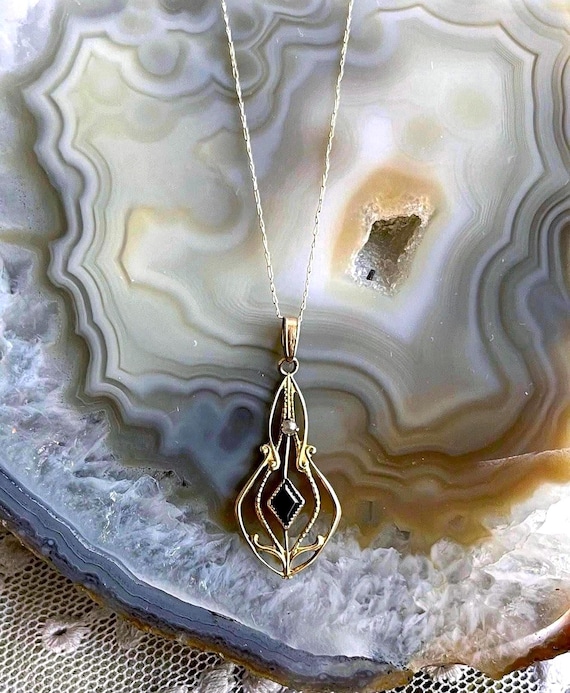 Edwardian 10K Gold Sapphire Lavaliere Necklace: Antique Filigree Seed Pearl Pendant