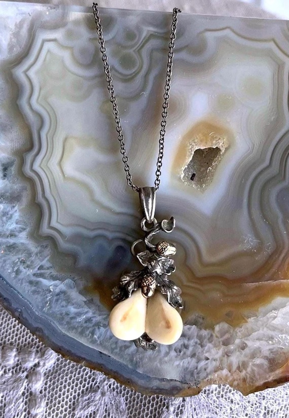 Old German Jugendstil Jagdschmuck 835 Silver Hirschgrandln Rose Gold accented signed Elk Tooth Grandel Hunters Pendant Necklace