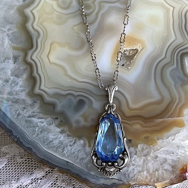 Beautiful vintage German Jugendstil Revival Kordes & Lichenfels 835 silver faceted Blue Paste Stone accented  hallmarked Pendant Necklace