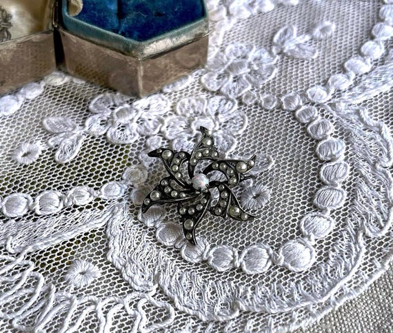 Adorable antique Late Victorian Sterling Silver genuine Opal and  Seed Pearl accented stamped Starburst Brooch