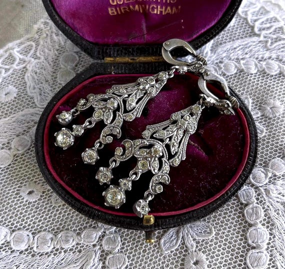 Antique Georgian Revival 830 Silver faceted Paste Stone accented elegant hallmarked Clip Drop Earrings